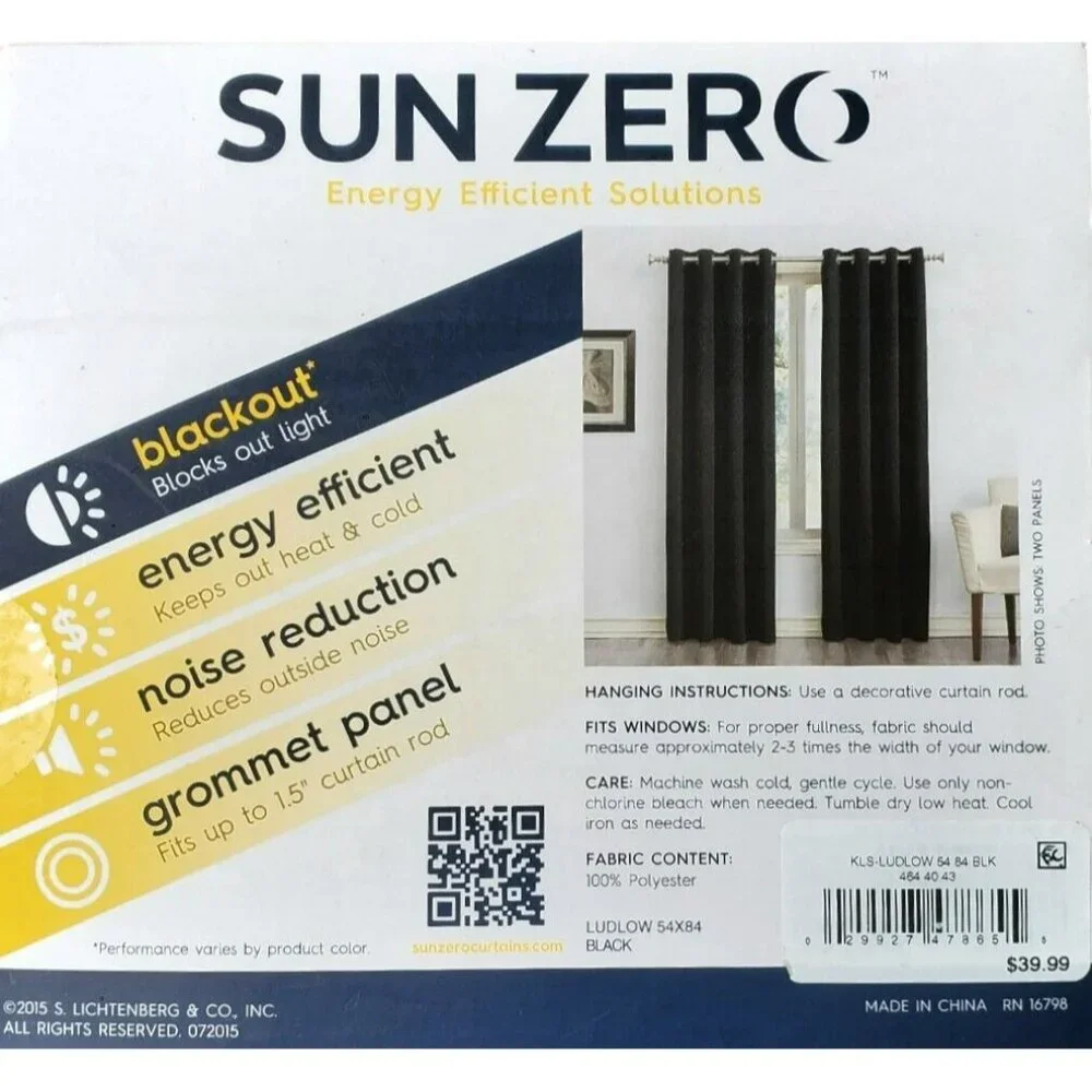 2 New Sun Zero Blackout Panels Window Curtain Black Ludlow Grommet Drape 54 x 84